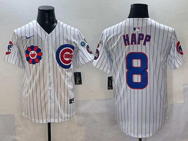 Men Chicago Cubs 8 Happ White Stripe Flower Edition 2025 Nike MLB Jersey style 1